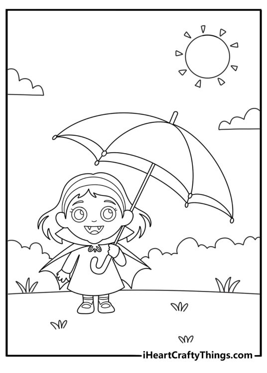 Cute vampire girl with umbrella making safe shade under the sun kawaii printable