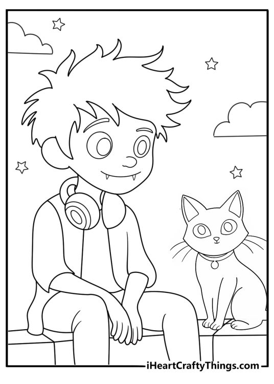 Cute vampire petting a black cat on a rooftop under bright stars easy coloring sheet