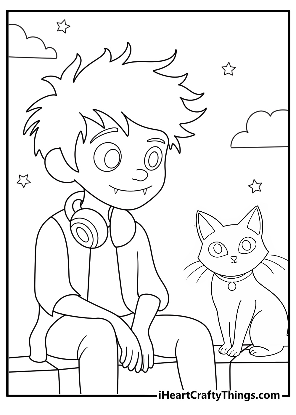 Cute vampire petting a black cat on a rooftop under bright stars easy coloring sheet
