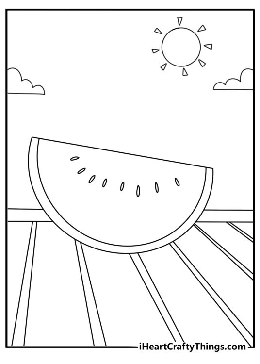 Cute watermelon coloring page with a seedless slice on a summer table