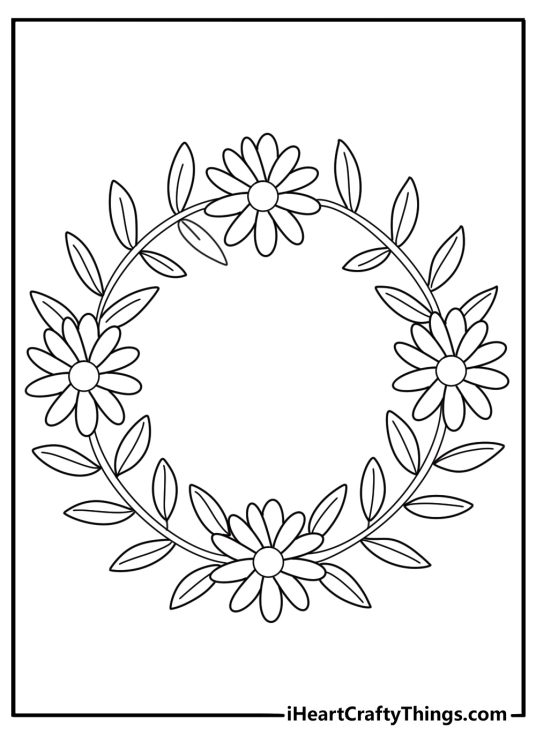 Daisy wreath circle frame coloring page for greeting cards