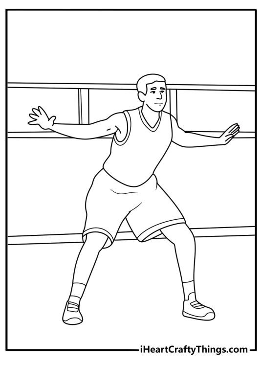 Defensive stance coloring sheet player guarding with bent knees and wide arms simple printable