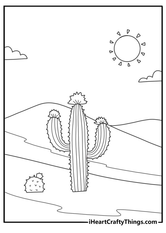 Desert dunes with cactus and sun coloring sheet easy for kids