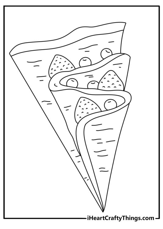 Dessert coloring page with crepe folded and filled with sliced strawberries