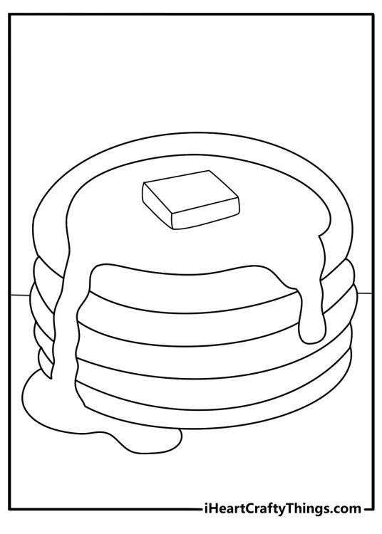 Dessert coloring page with stack of fluffy pancakes and syrup dripping down sides