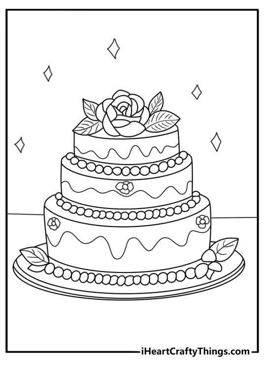 Dessert coloring pages for adults with ornate wedding cake and floral piping