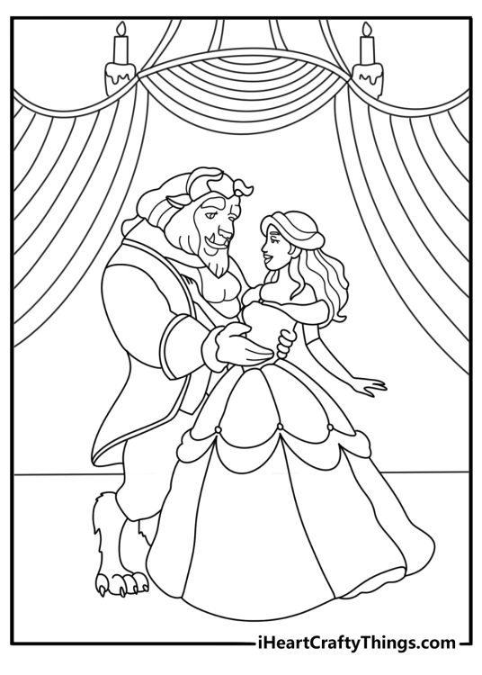 Detailed Belle coloring page with Belle dancing under a chandelier