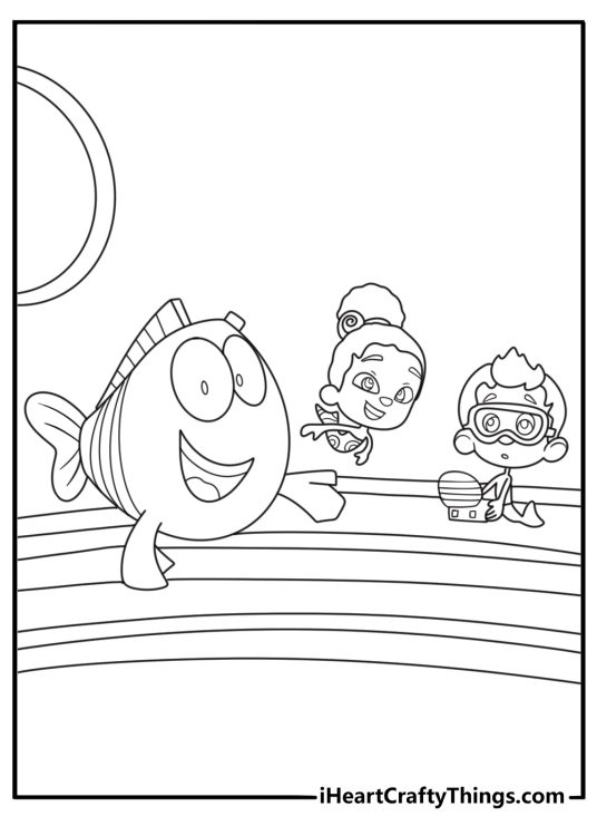 Detailed Bubble Guppies coloring page with classroom fish tank and learning tools