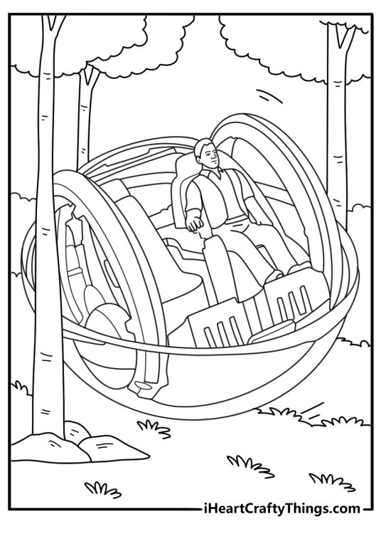 Detailed Jurassic World coloring page showing gyrosphere vehicle rolling past tall grass