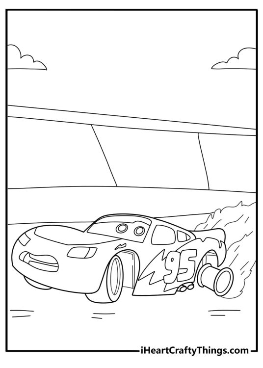 Detailed Lightning McQueen with racing flames on the side coloring sheet