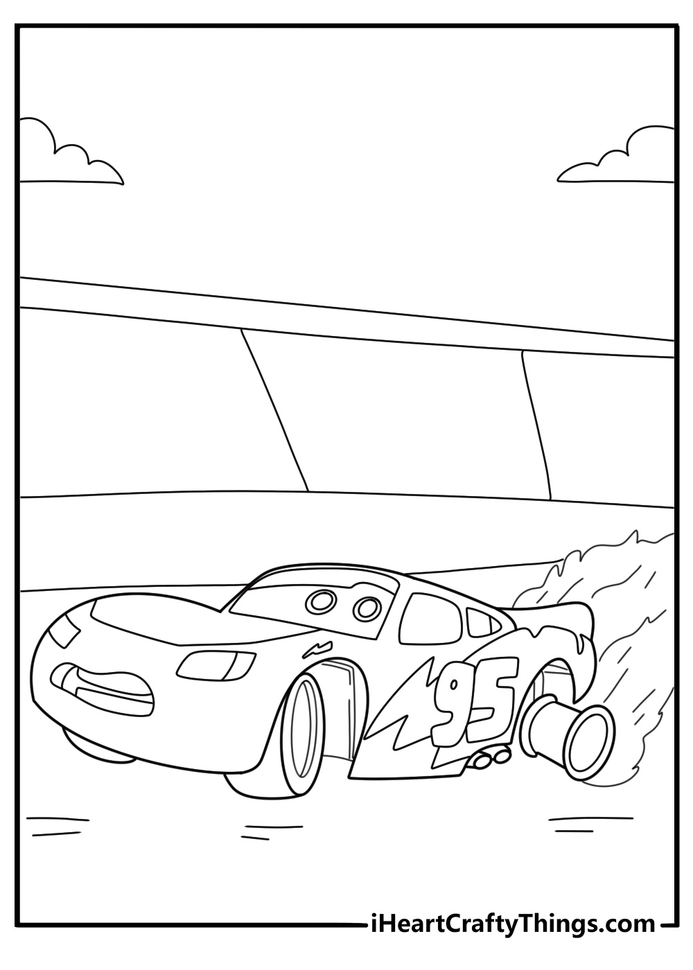 Detailed Lightning McQueen with racing flames on the side coloring sheet