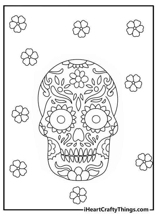 Detailed Mexican coloring page with a sugar skull covered in flowers and swirls