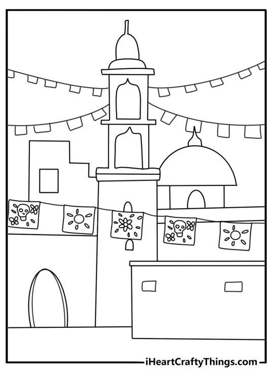 Detailed Mexican coloring page with papel picado banners over a village street