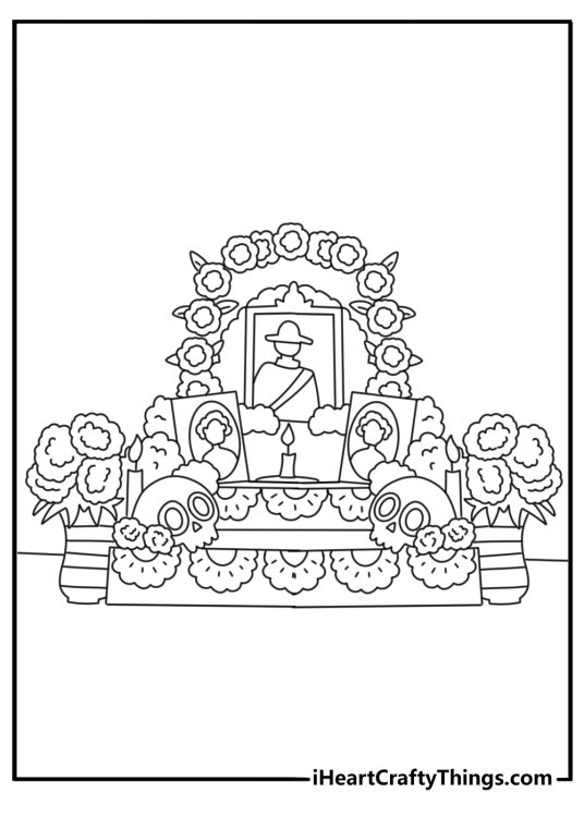 Detailed Mexican printable with a Day of the Dead altar and candles