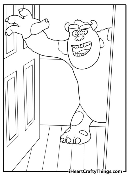 Detailed Monsters Inc coloring sheet with Sully roaring in the scare room