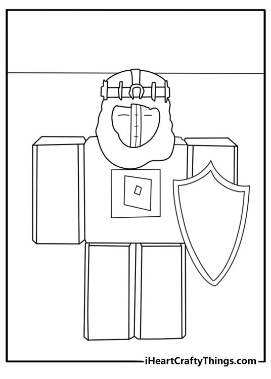 Detailed Roblox coloring page with fantasy knight avatar and shield