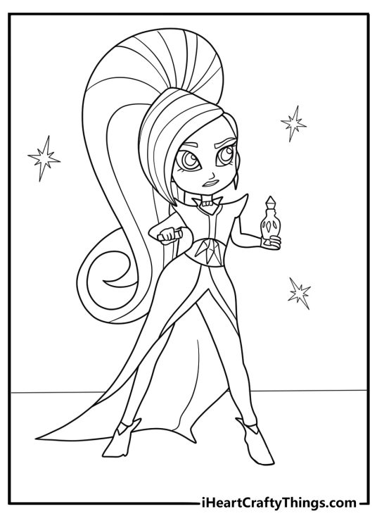 Detailed Shimmer and Shine pdf coloring page of Zeta the Sorceress mixing a magic potion