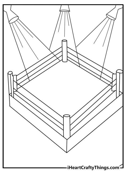 Detailed WWE coloring page for adults with arena lights above the ring