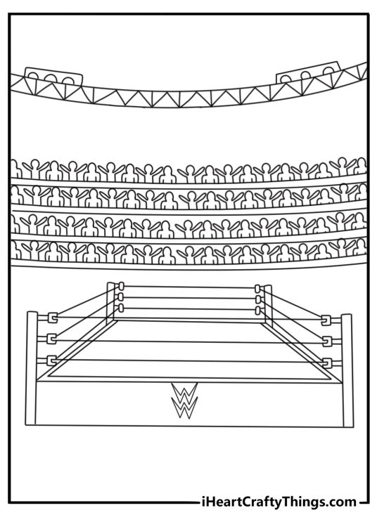 Detailed WWE coloring page with a packed arena and ring ropes
