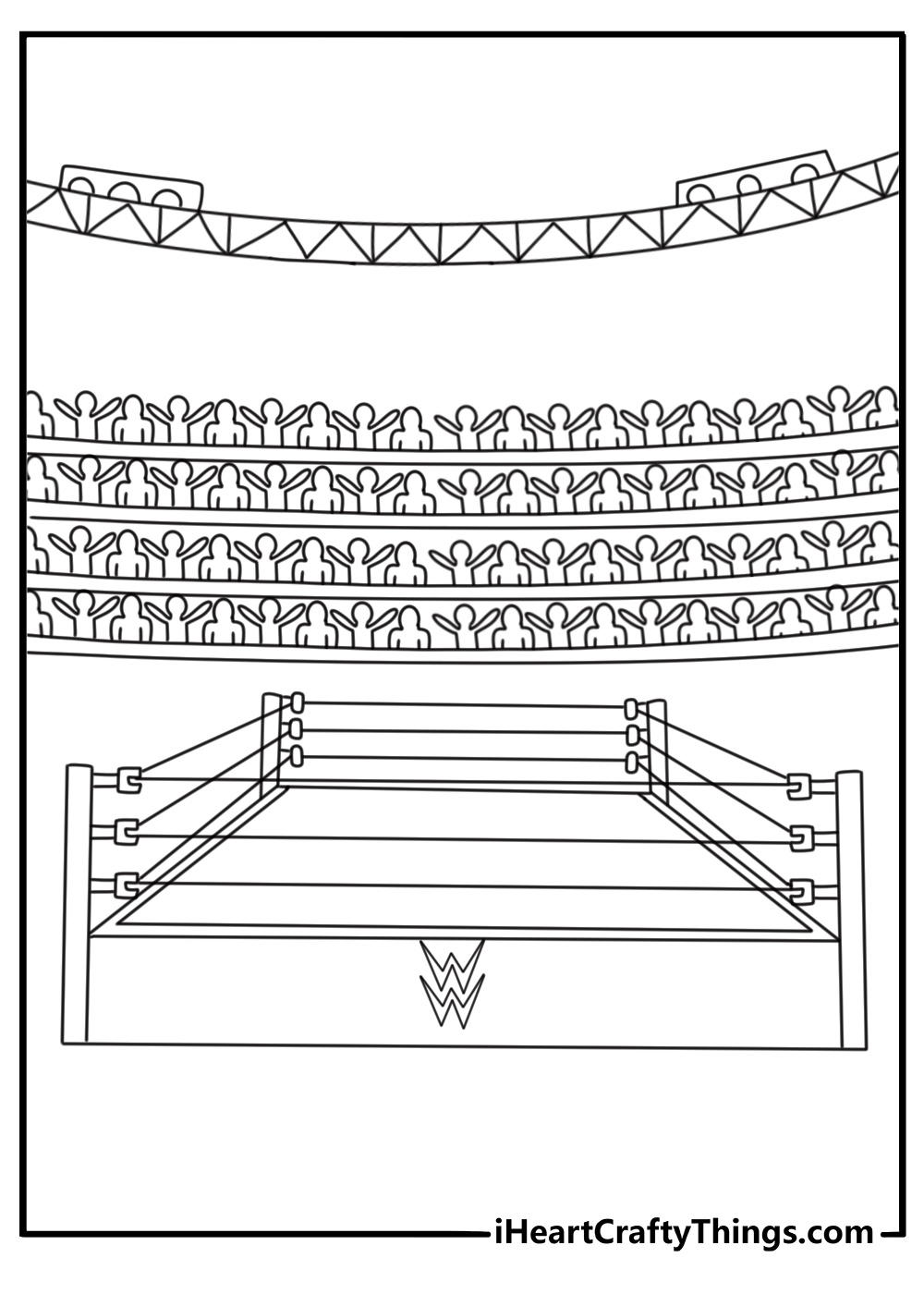 Detailed WWE coloring page with a packed arena and ring ropes