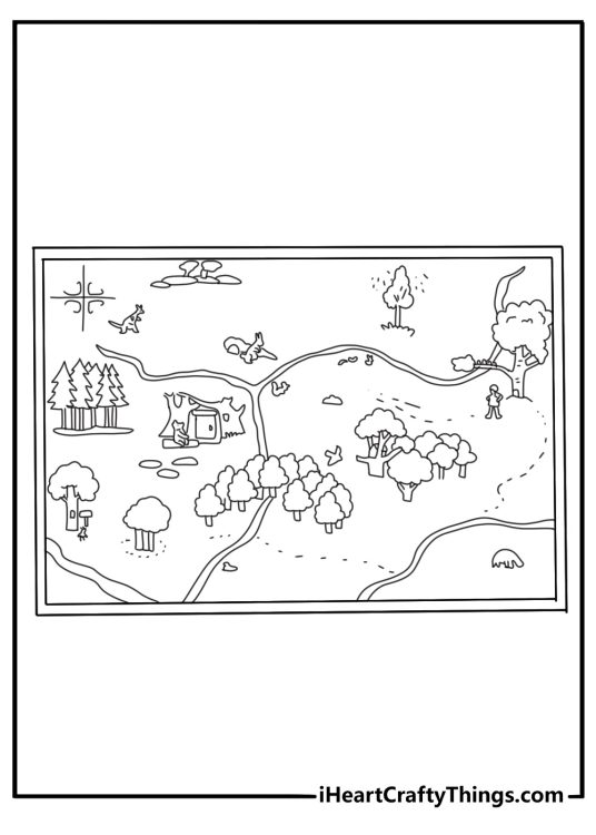 Detailed Winnie the Pooh coloring page showing Hundred Acre Wood map on parchment