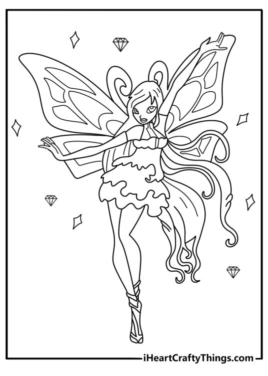 Detailed Winx coloring page for adults with enchanted wings and magical gems