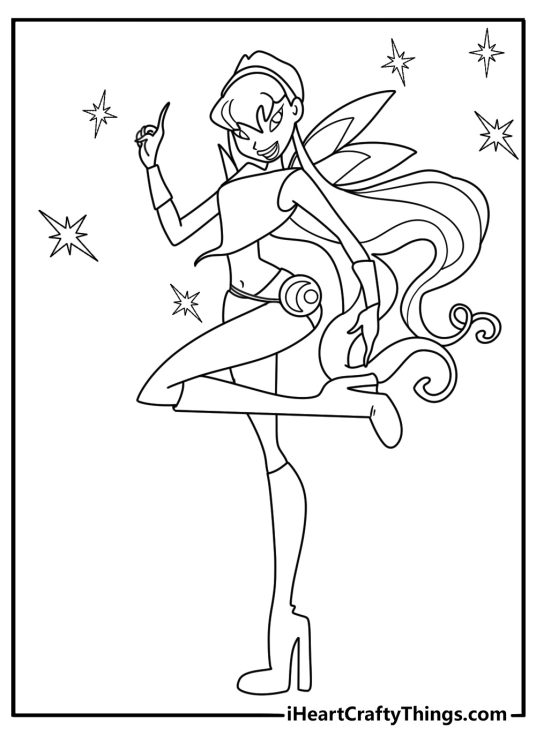 Detailed Winx coloring sheet of Stella in charmix form with moon and sun symbols
