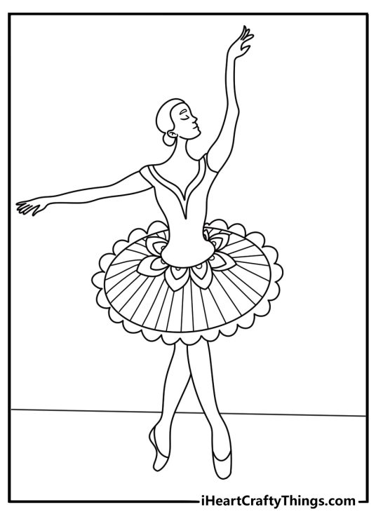 Detailed ballerina coloring sheet for adults with lace tutu patterns