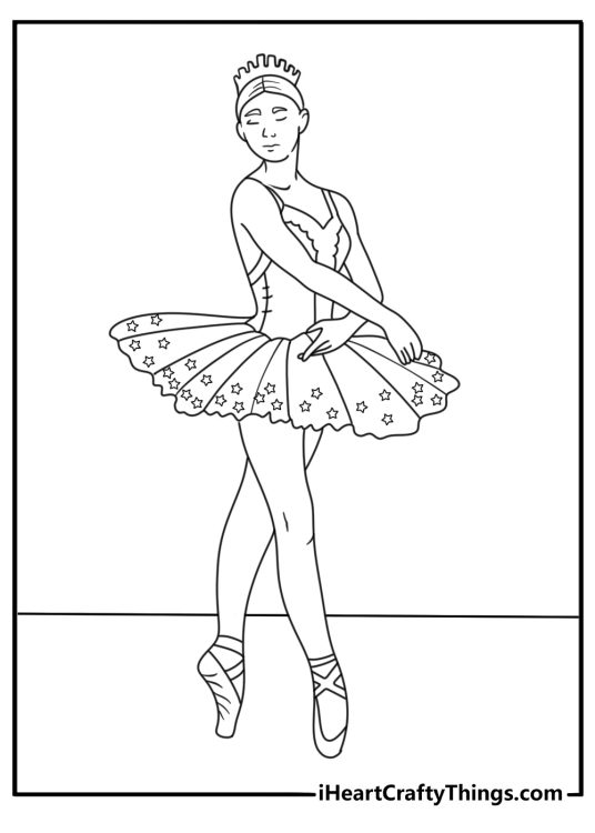 Detailed ballerina printable with a tutu decorated with tiny stars