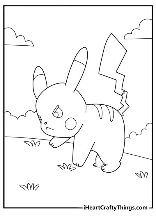 Detailed coloring drawing featuring Pikachu looking crouched to spring at someone