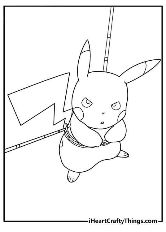 Detailed coloring image for kids featuring Pikachu being hoisted into the air by a rope