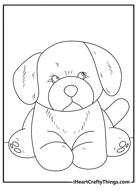 Detailed coloring image of a cute puppy with shaggy coat and little floppy ears reminding a teddy bear