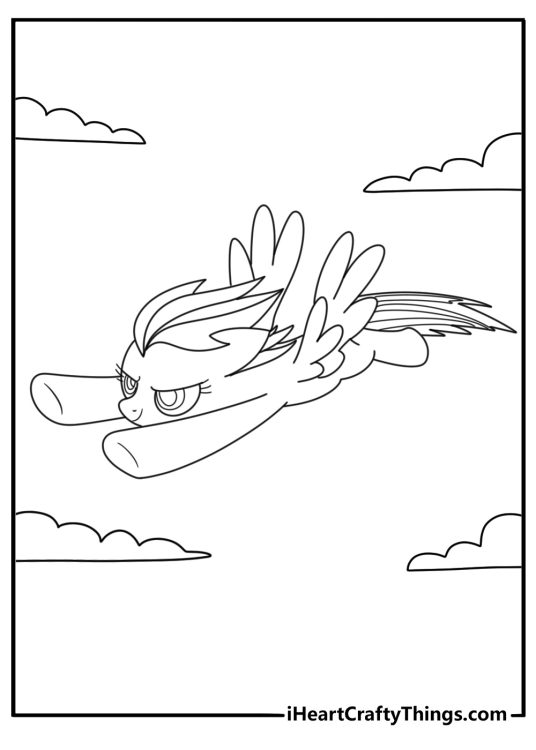 Detailed coloring page of Rainbow Dash racing through storm clouds