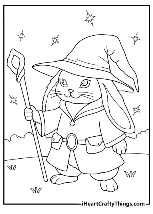 Detailed coloring picture for kids of a rabbit wearing a wizard costume and holding a magic wand