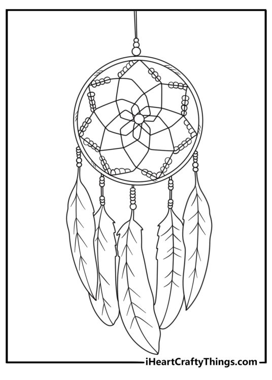 Detailed coloring picture presenting an authentic dream catcher with real feathers