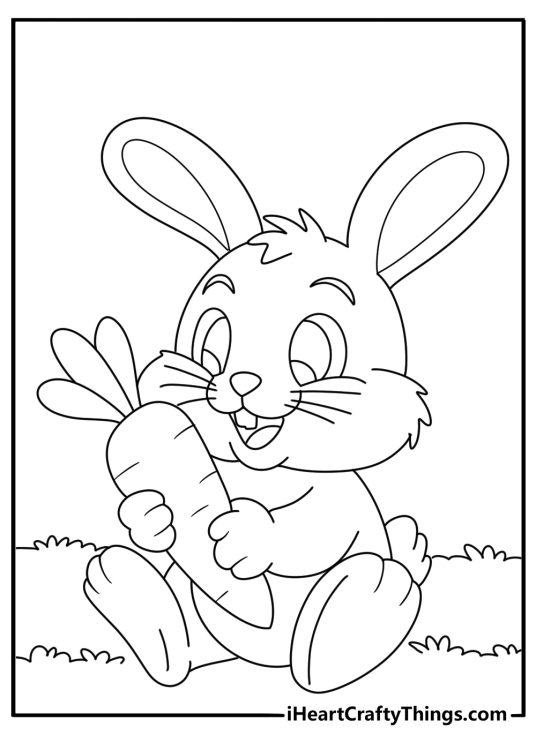 Detailed coloring poster depicting cute rabbit with two long front teeth and fluffy tail posing in the forest