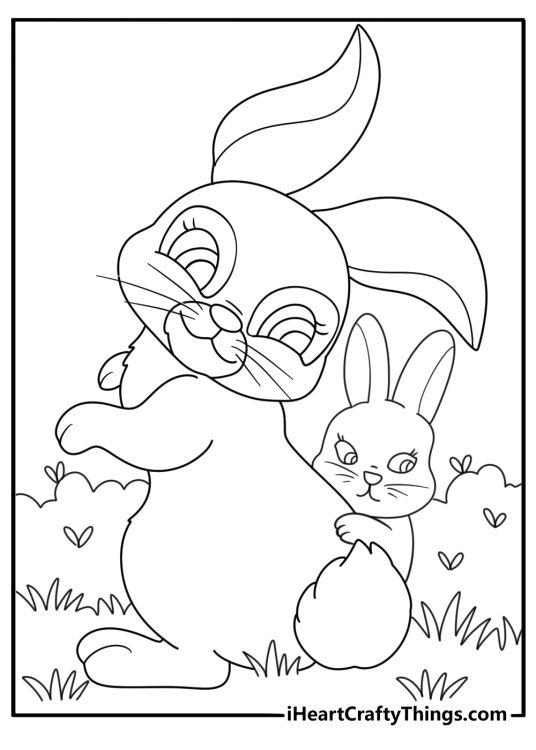 Detailed coloring sheet for children featuring shy little rabbit hiding behind his mother