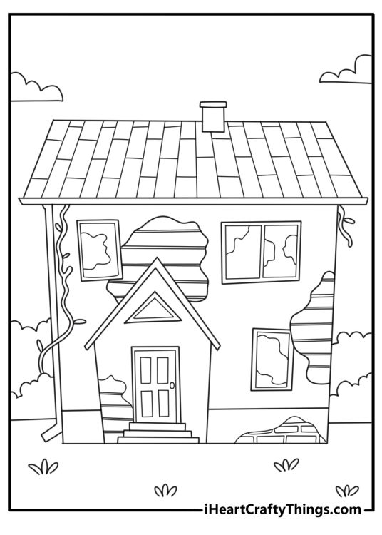 Detailed coloring sheet of abandoned visitor center with broken windows and vines