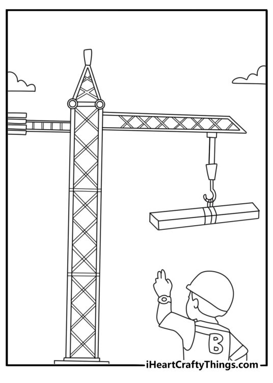 Detailed coloring sheet showing Bob the Builder working with crane lifting steel beam