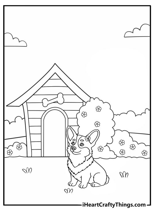 Detailed corgi coloring page with a corgi beside a patterned doghouse