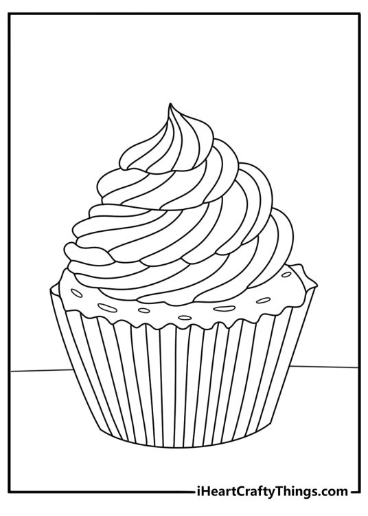 Detailed cupcake coloring page with a cupcake wrapper filled with zigzag patterns
