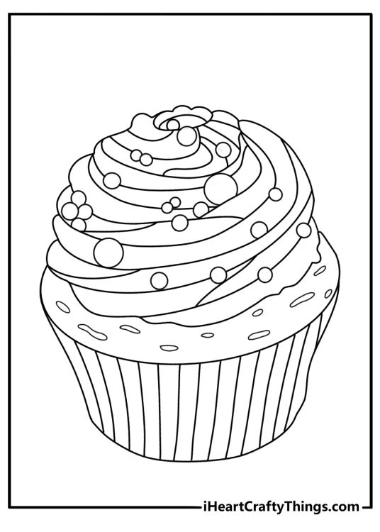Detailed cupcake coloring page with layered frosting and sugar pearls