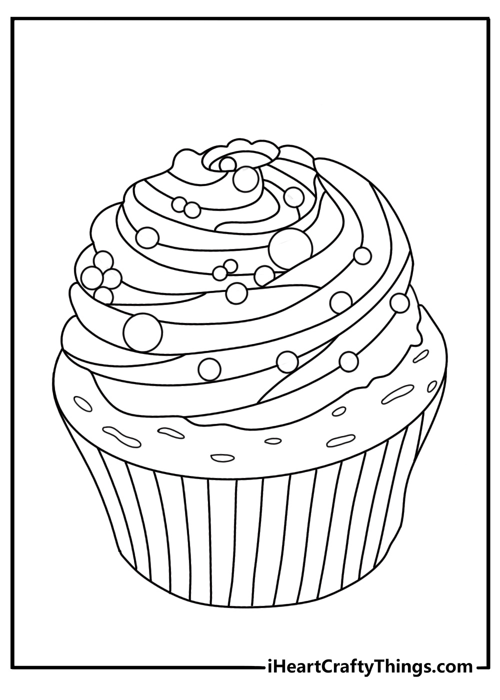Detailed cupcake coloring page with layered frosting and sugar pearls