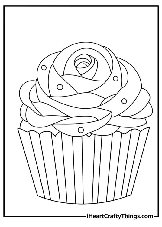 Detailed cupcake coloring sheet for adults with floral frosting patterns