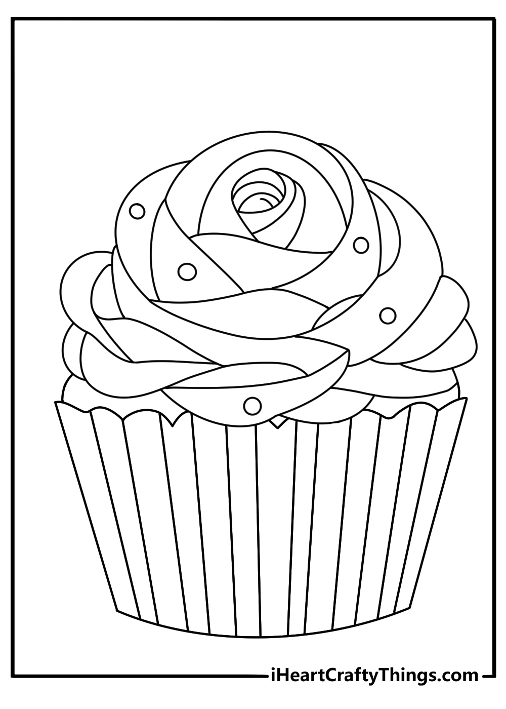 Detailed cupcake coloring sheet for adults with floral frosting patterns