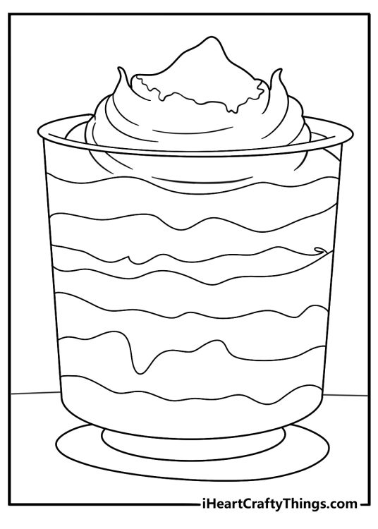 Detailed dessert coloring sheet of layered tiramisu in glass cup