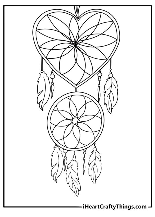 Detailed drawing of a dream catcher made of two parts the top is shaped like a heart and the bottom is round
