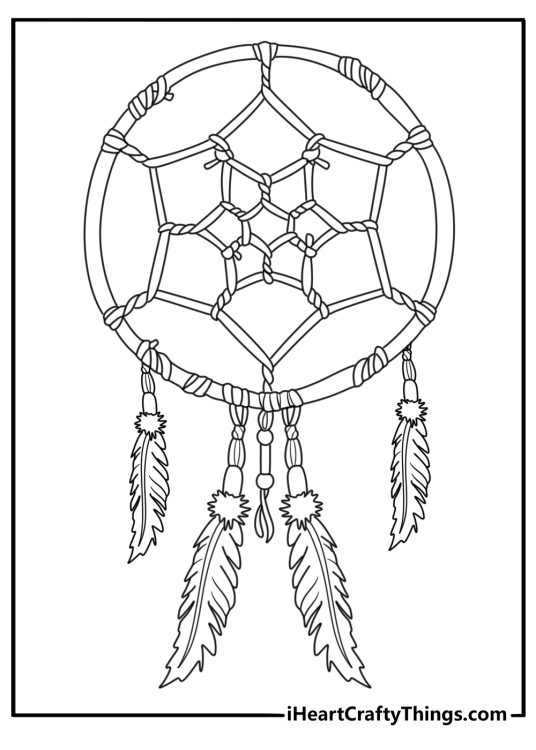Detailed dreamcatcher coloring page with beads and feathers pdf for adults
