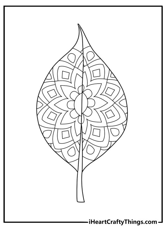 Detailed leaf coloring sheet for adults with mandala patterns inside a leaf