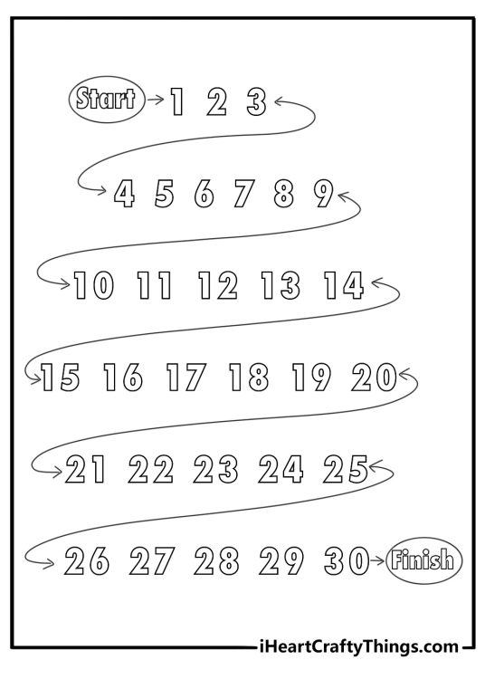 Detailed number coloring poster featuring a maze path from 1 to 30 for adults pdf